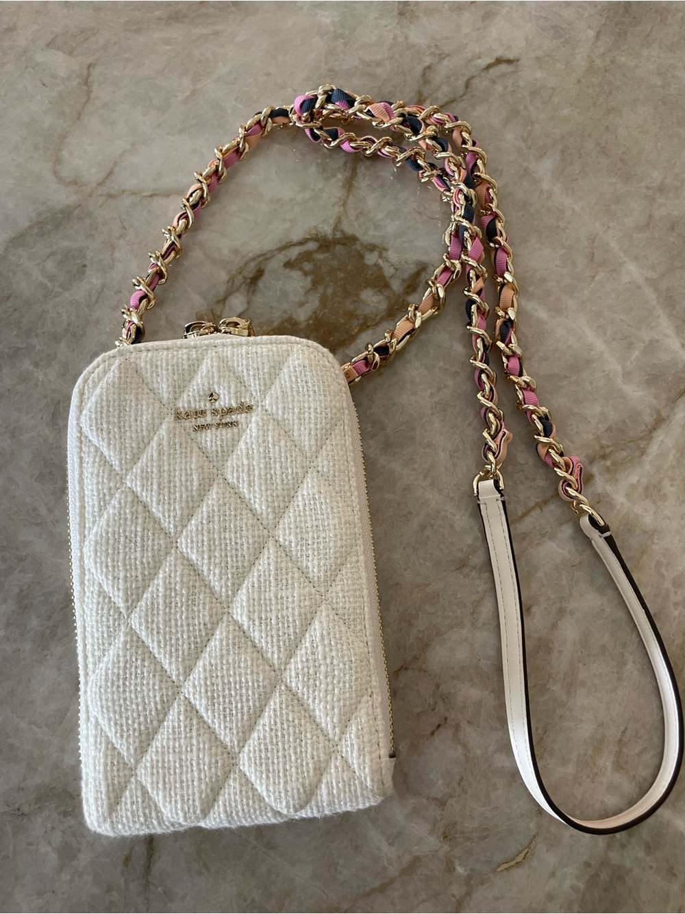 kate spade cream quilted mini crossbody with pink and black woven chain